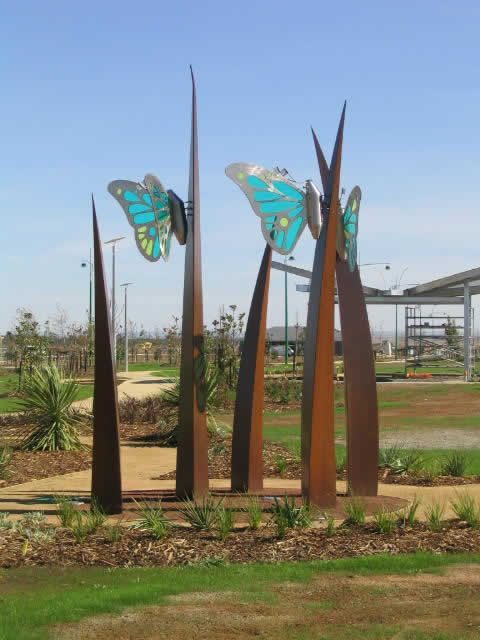 corten steel, stainless steel, polycarbonate, 4m tall, commissioned by Villawood Properties for Claremont Park Estate, Vic
