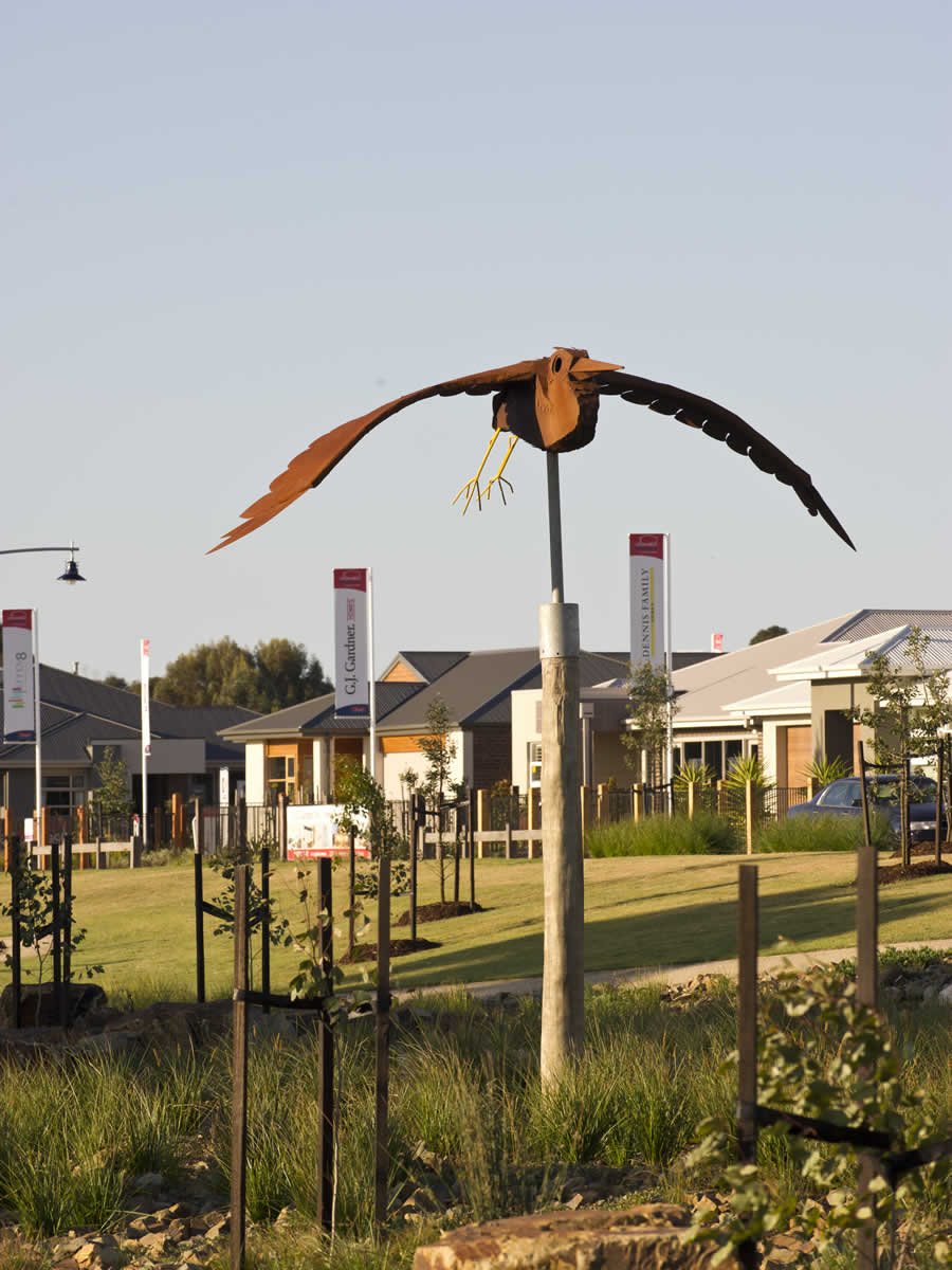 corten steel, 6m wing span, 1 of 3, commissioned by Villawood Properties for Estuary Estate, Vic 