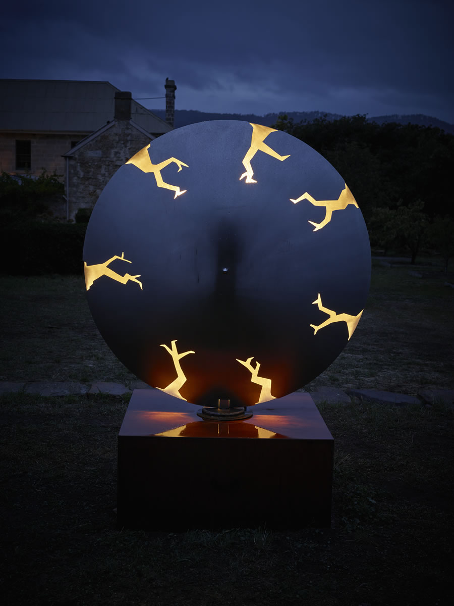 1.5m diameter, two sided stainless steel/corten steel/gold on swivel with exterior LED lighting (side 1)